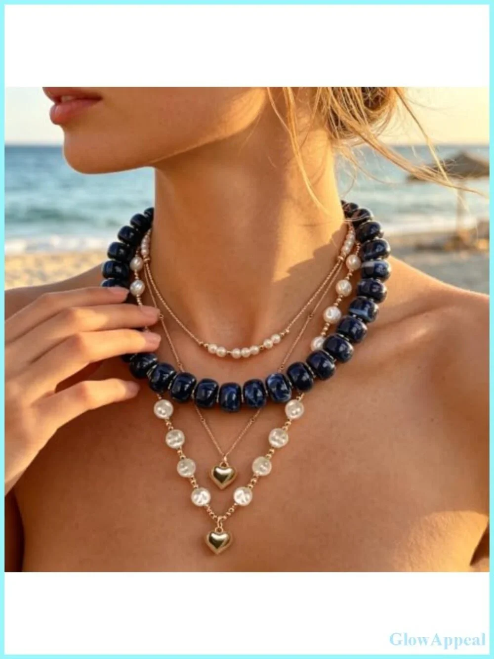 Layered Beaded Necklace Set Resin Beads Brass Gold-Tone Charms Boho Statement